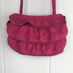 Pink Vegan Suede Raw Zipper Edge Ruffle Purse